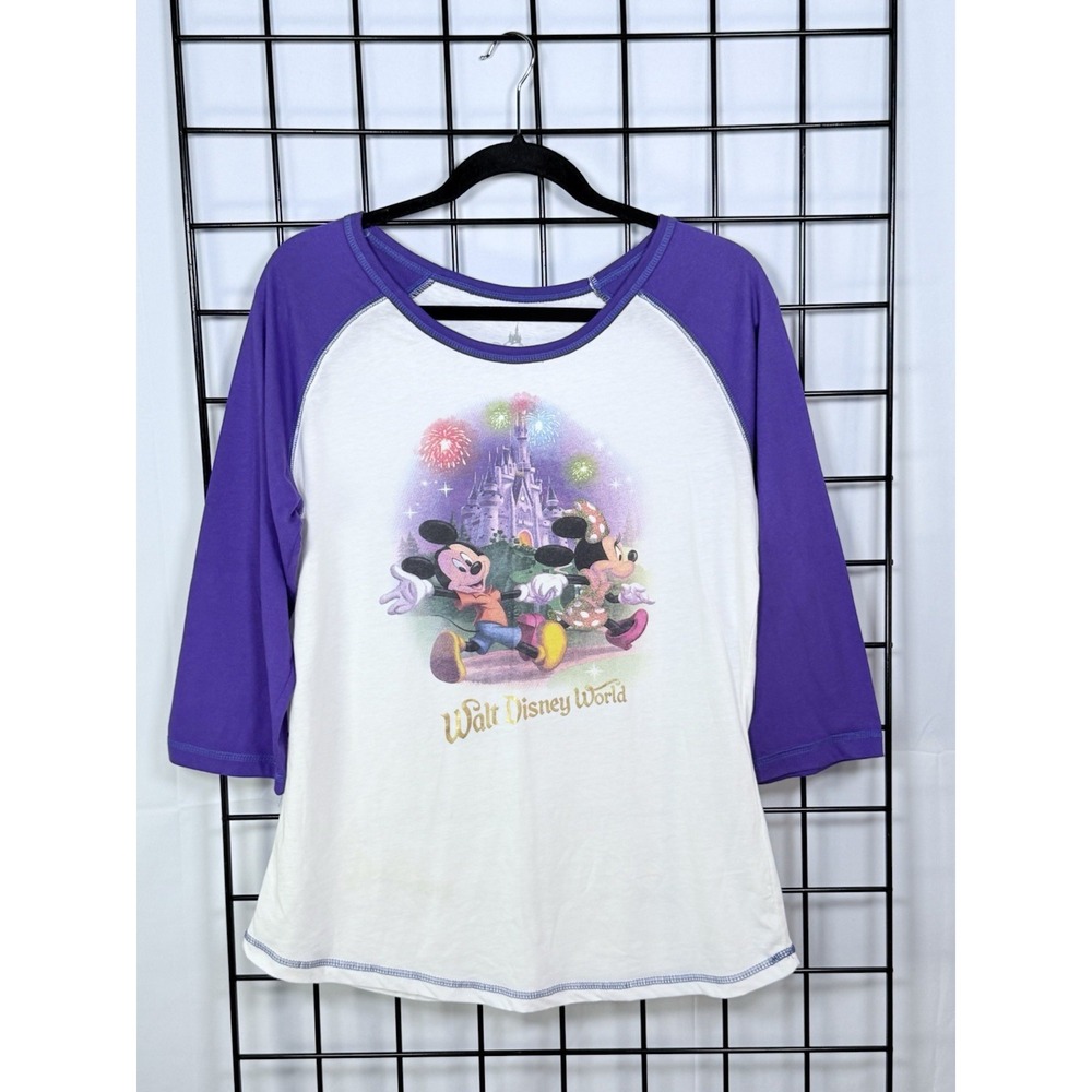 Walt Disney World Firework Castle T-Shirt Womens L White Mickey Minnie‎ Baseball
